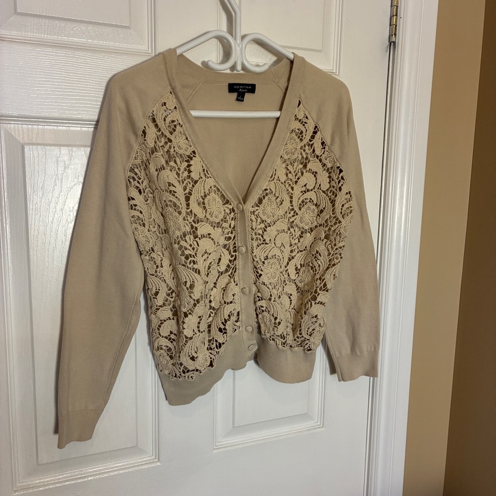 Spense Beige Lace Front Button Cardigan Sweater Size Large Cotton